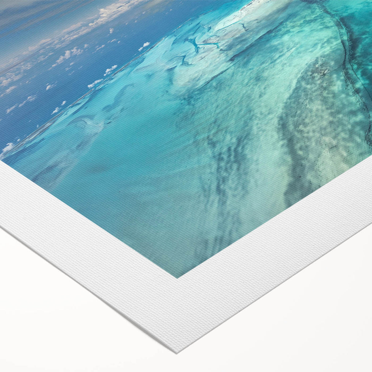 Art deco poster featuring a serene Caribbean beach scene in soft pastel colors on rolled canvas.