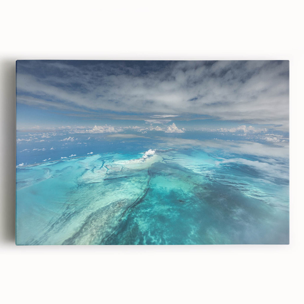 Black and white photograph of the Caribbean Bahamas on stretched canvas, ideal for kitchen wall art or bedroom ambiance.
