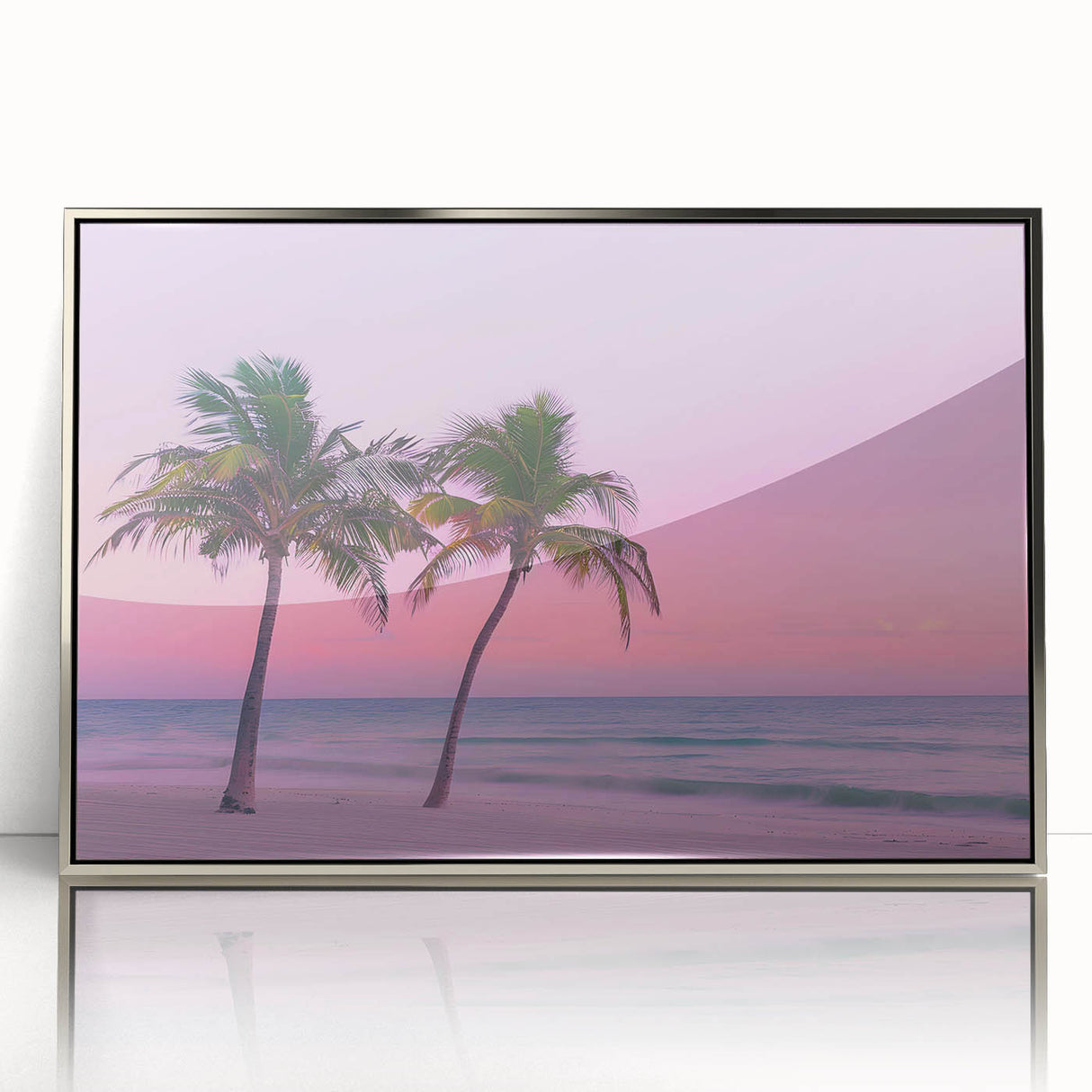 Large art print of a Caribbean Barbados scenery in a silver framed acrylic, featuring mid-century modernist style.