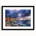Abstract art print of a Caribbean scene in vibrant colors on a textured, extra-large canvas, framed in black.