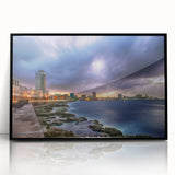 Large abstract wall art depicting a Caribbean Cuba scenery in muted earth tones on a framed acrylic.