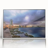 Mid-century modernist art of a Caribbean scenery in vibrant colors, framed acrylic, ideal for nursery wall art.