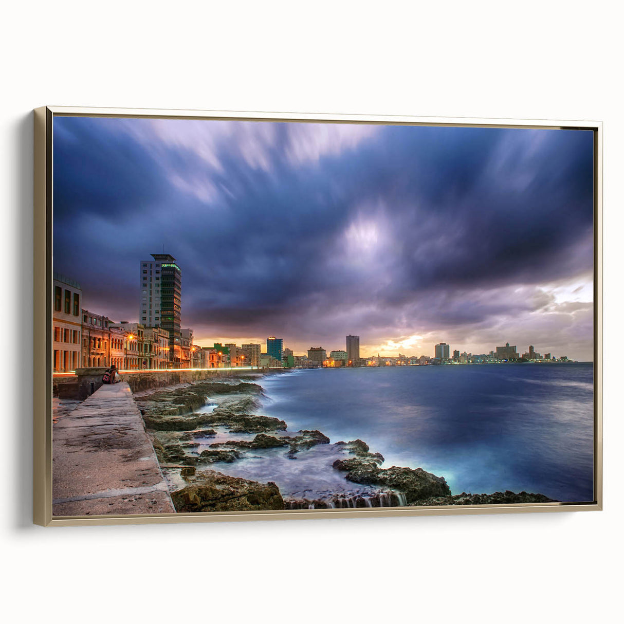 Framed canvas depicting a vintage-style Cuban landscape in muted gold and black tones, ideal for bedroom wall decor.