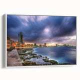 Vintage poster art of a colorful Caribbean scene on extra large framed canvas, ideal for living room decor.