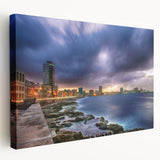 Large art depicting a Caribbean scenery on stretched canvas, featuring vivid blue and green tones.
