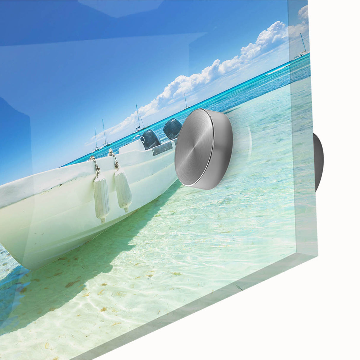 Large abstract wall art depicting a Caribbean scene in vibrant blue and green hues, acrylic print.