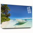Acrylic print of a Caribbean scenery with vibrant blue and green tones, suitable for bedroom or dining room decor.