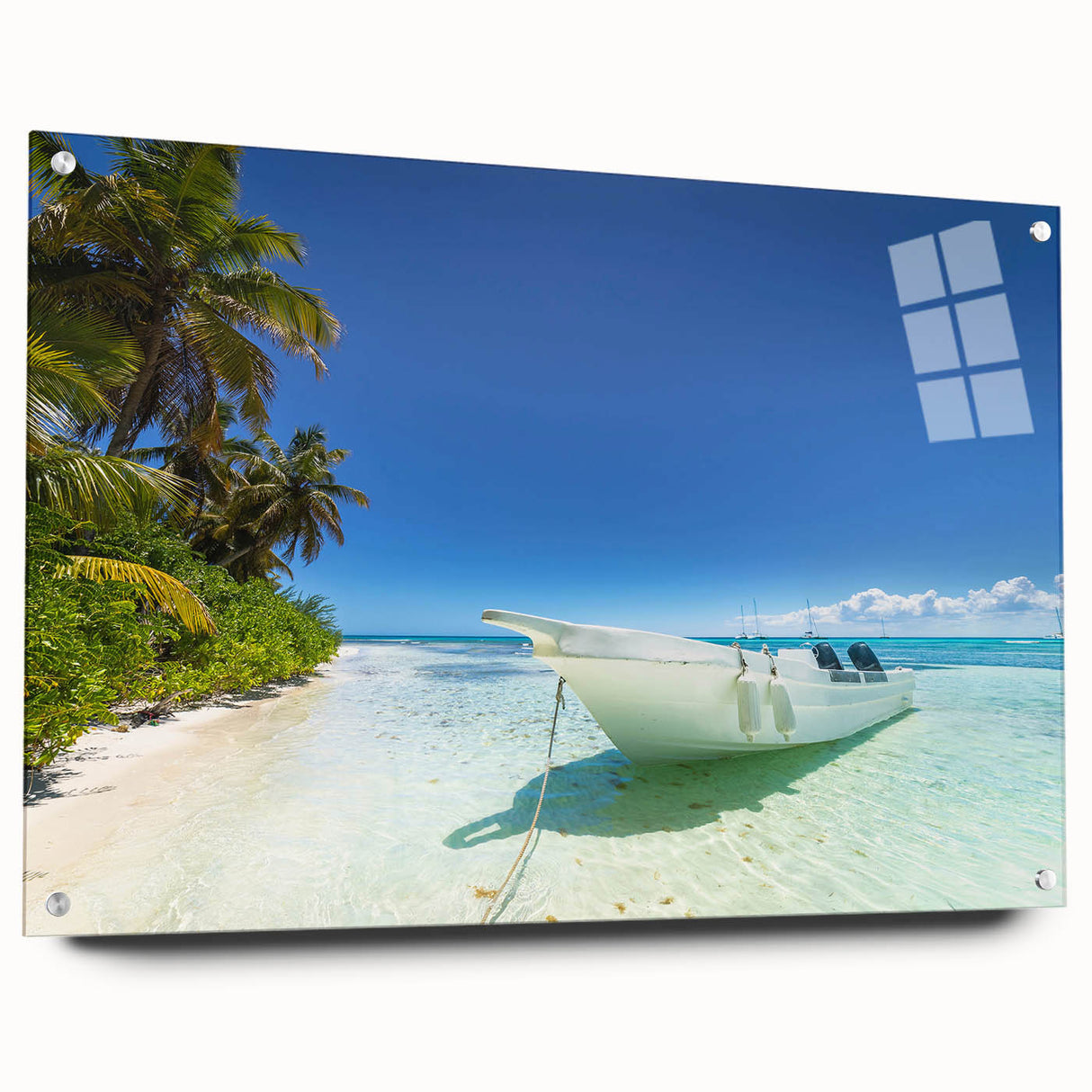 Acrylic print of a Caribbean scenery with vibrant blue and green tones, suitable for bedroom or dining room decor.