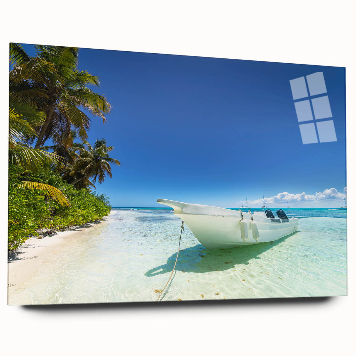 Large abstract wall art on acrylic depicting vibrant Caribbean scenery, ideal for bedroom or dining room decor.