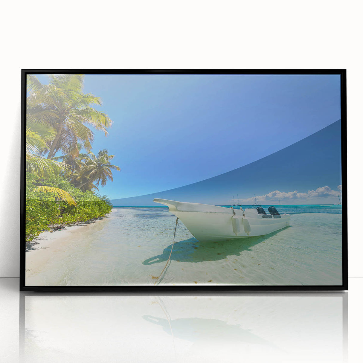 Large abstract wall art depicting a Caribbean scene, framed in black acrylic, with vibrant blue and green tones.