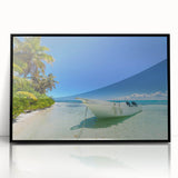 Large abstract wall art depicting a Caribbean scene, framed in black acrylic, with vibrant blue and green tones.