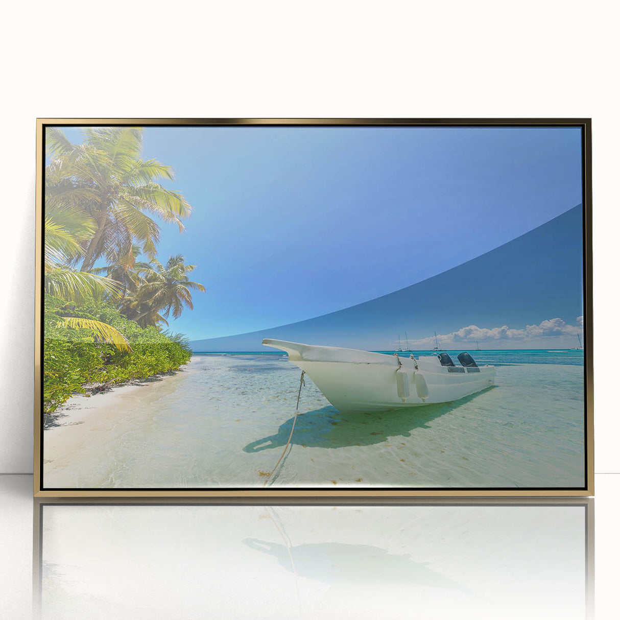 Mid-century modernist art featuring a Caribbean scenery in acrylic, framed in gold, ideal for nursery wall art.