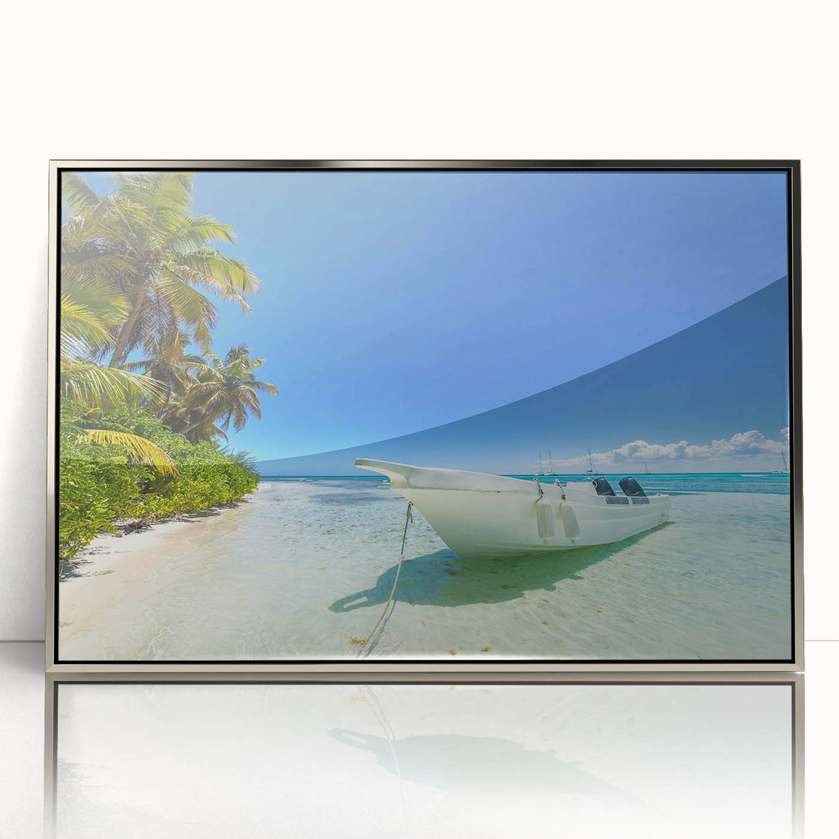 Art deco style poster of a Caribbean scenery in silver framed acrylic, featuring soft blue and green tones.