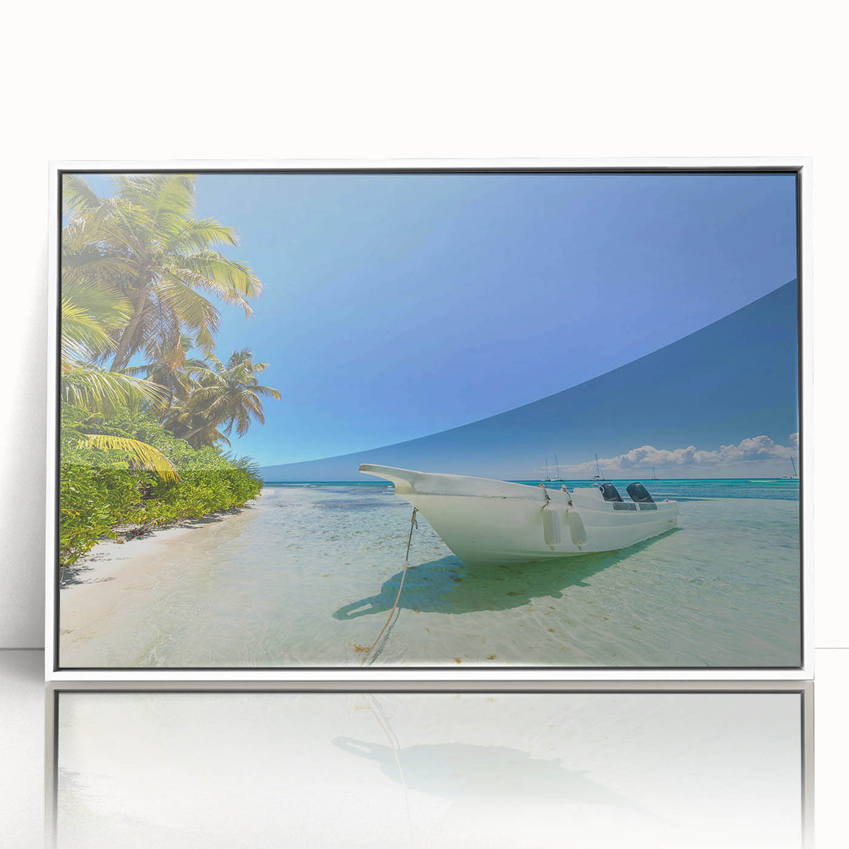 Large art print of a Caribbean scenery in Dominican Republic on white-framed acrylic, in mid-century modernist style.