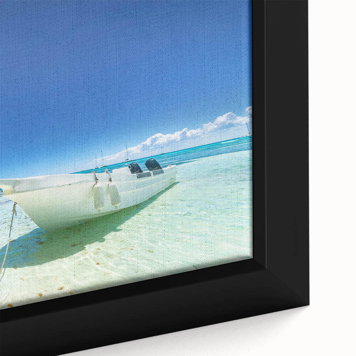 Extra large framed canvas featuring a textured, colorful Caribbean scenery, ideal for living room decor.