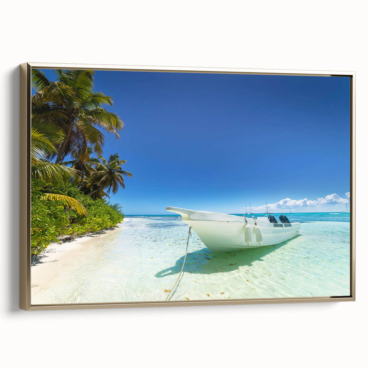 Framed canvas featuring a vintage-style Caribbean landscape with lush greenery and ocean, in muted green and blue tones.