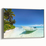 Framed canvas featuring a vintage-style landscape painting of the Caribbean, with vibrant colors on a black background.