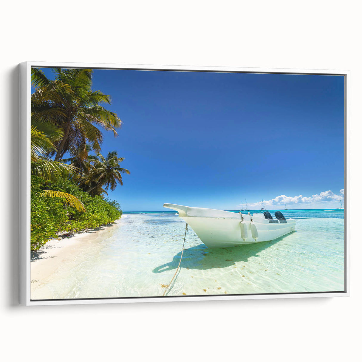 Vintage poster art featuring a colorful Caribbean scenery on a large framed canvas, ideal for living room decor.
