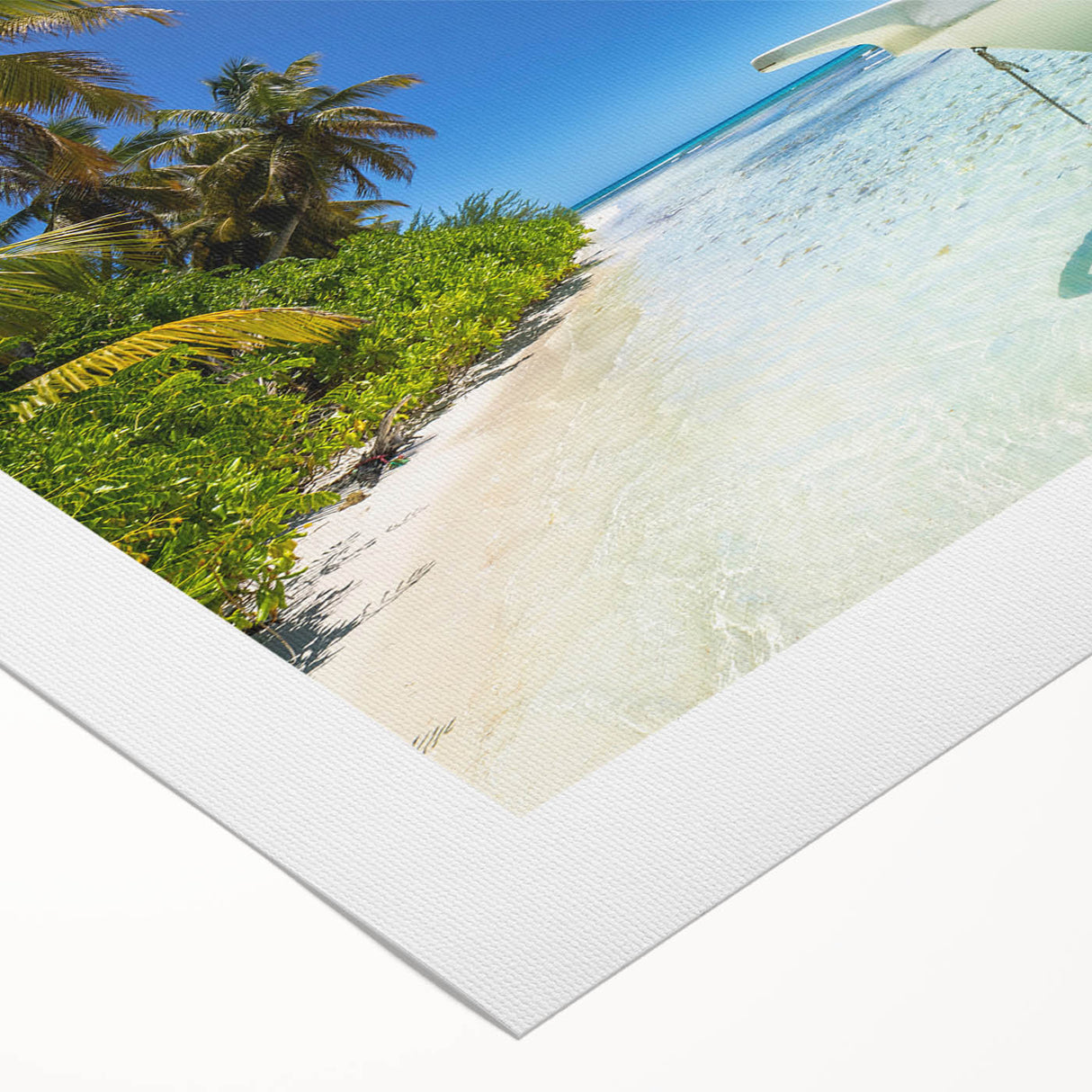 Art deco poster featuring a Caribbean scenery on rolled canvas, ideal for dining room wall art.