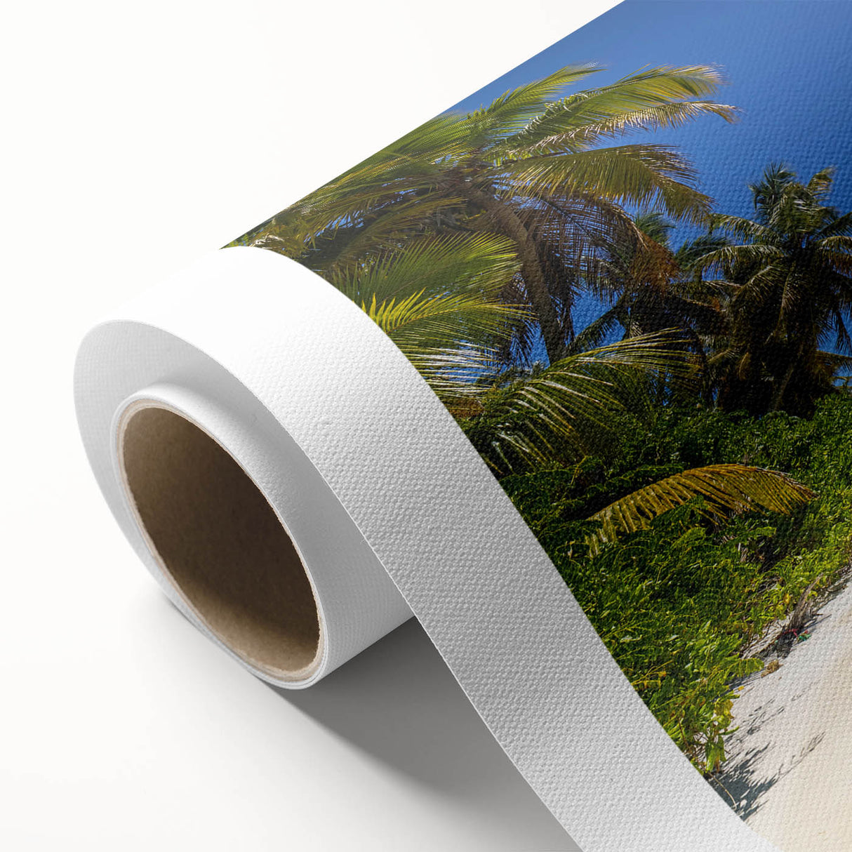 Art Deco style poster of a Caribbean scene on rolled canvas, featuring pastel hues.