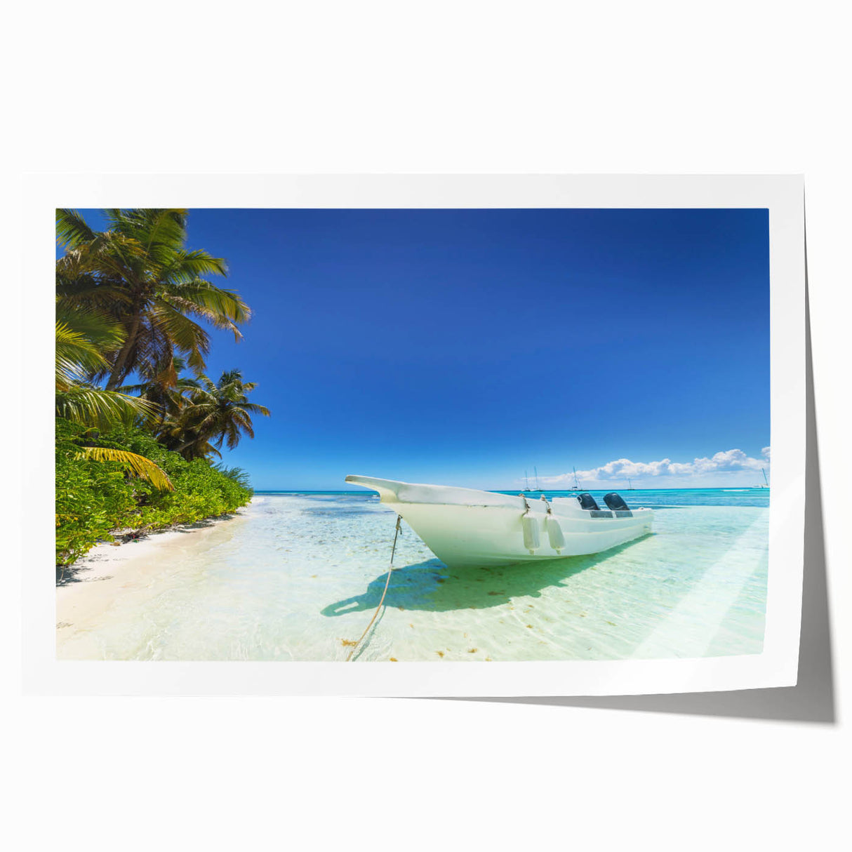 Extra large rolled print of a Caribbean scenery with vibrant blue and green hues, ideal for art wall dining room.