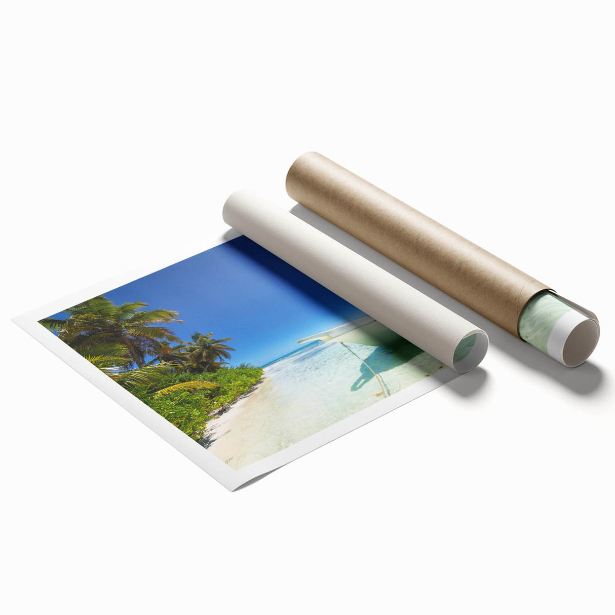 Extra large rolled print of a Caribbean scenery with vibrant floral elements, ideal for classy bathroom wall art.