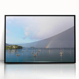 Large abstract wall art featuring a Caribbean Martinique scenery in vibrant blues and greens, framed in black acrylic.