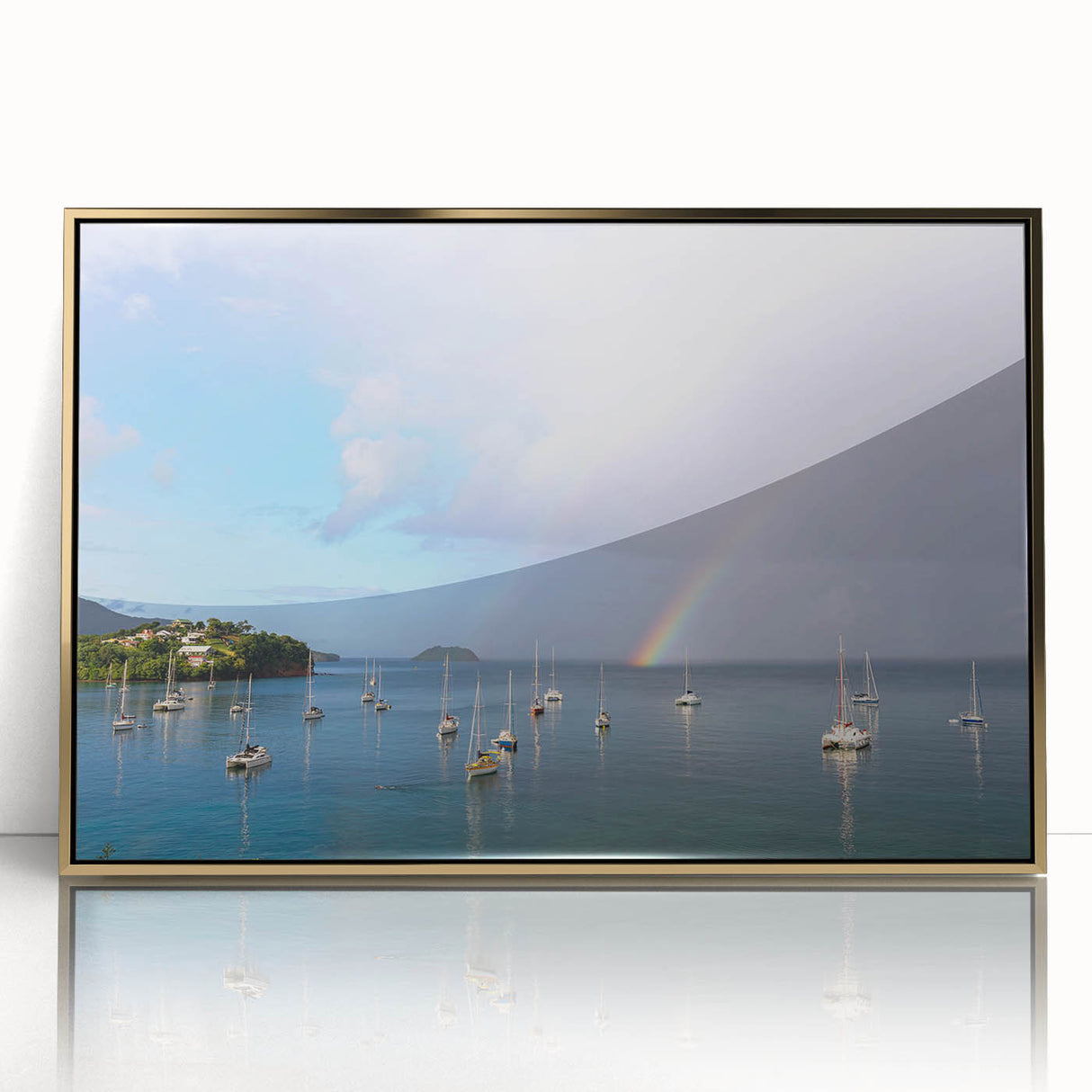 Art deco poster of a Caribbean Martinique scenery in vibrant colors on a gold-framed acrylic.