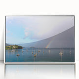 Mid-century modernist art depicting a Caribbean scenery on a white-framed acrylic, suitable for nursery wall art.