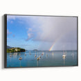 Black and white framed canvas depicting a vintage Caribbean landscape, ideal for bedroom wall decor.