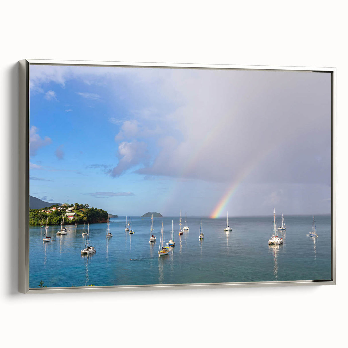 Landscape art painting of a Caribbean scenery on framed canvas, featuring vibrant colors with a vintage poster art style.