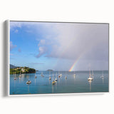 Vintage poster art of a Caribbean Martinique scenery on framed canvas, with vibrant colors, ideal for living room decor.