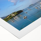Art deco poster featuring a serene Caribbean landscape on rolled canvas, suitable for dining room or bathroom wall art.