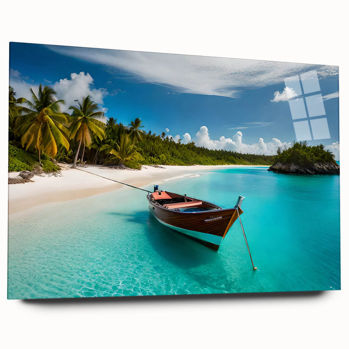 Large abstract wall art of Central American scenery in vibrant greens and blues on acrylic glass.