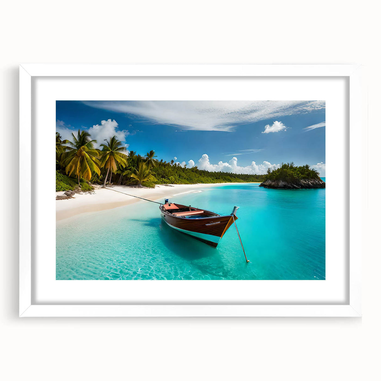 Abstract art print of a vibrant Costa Rican landscape in a white frame, ideal for dining room decor.