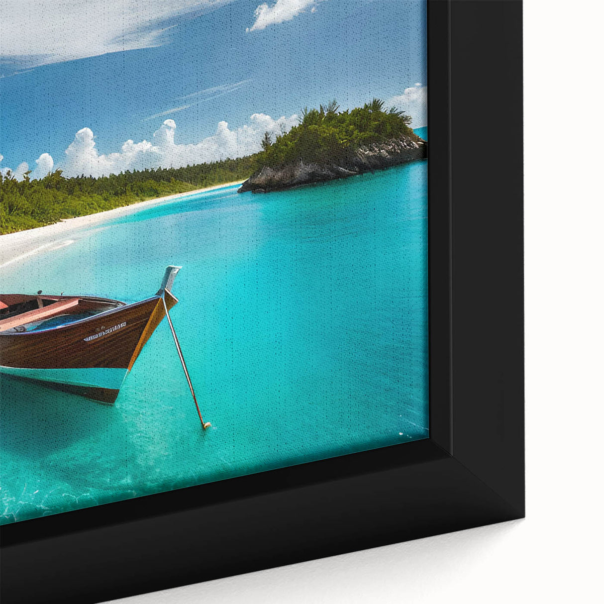 Close-up of a framed canvas featuring a textured depiction of a Costa Rican landscape in vibrant colors.