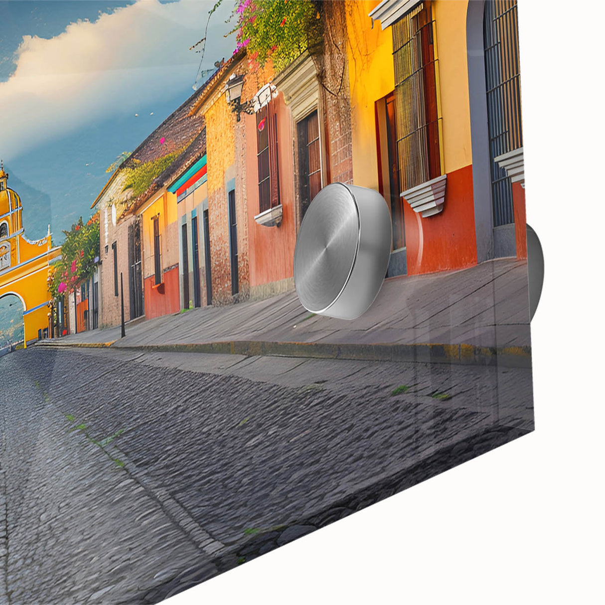 Large abstract wall art in mid-century modernist style depicting Central America scenery on acrylic glass.