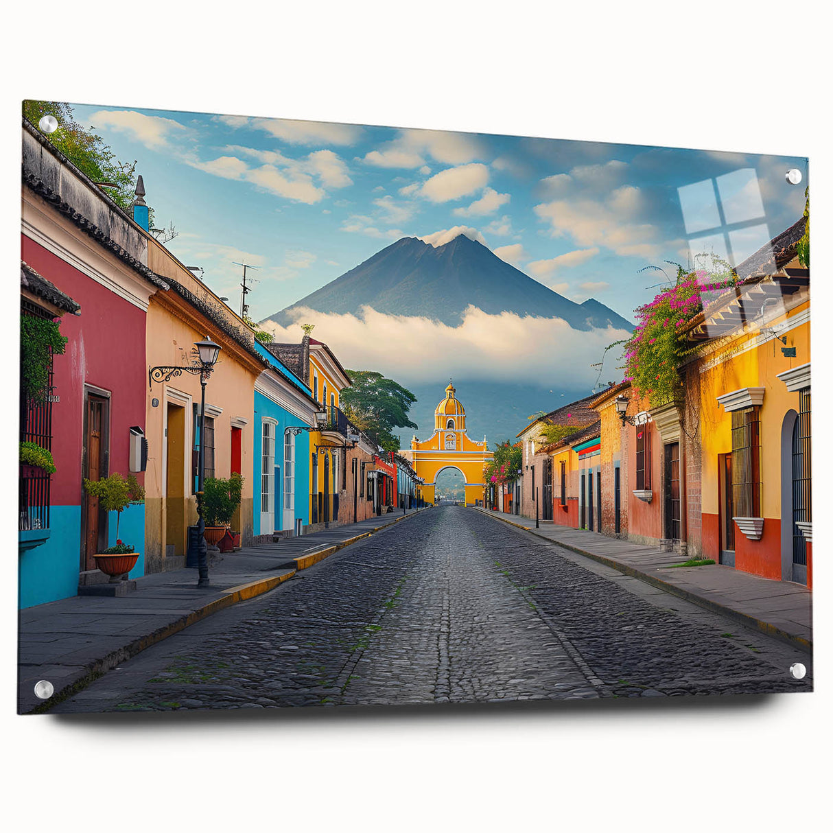 Large abstract wall art depicting a Central American landscape in muted earth tones on acrylic glass.