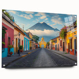Large abstract wall art depicting a Central American landscape in muted earth tones on acrylic glass.