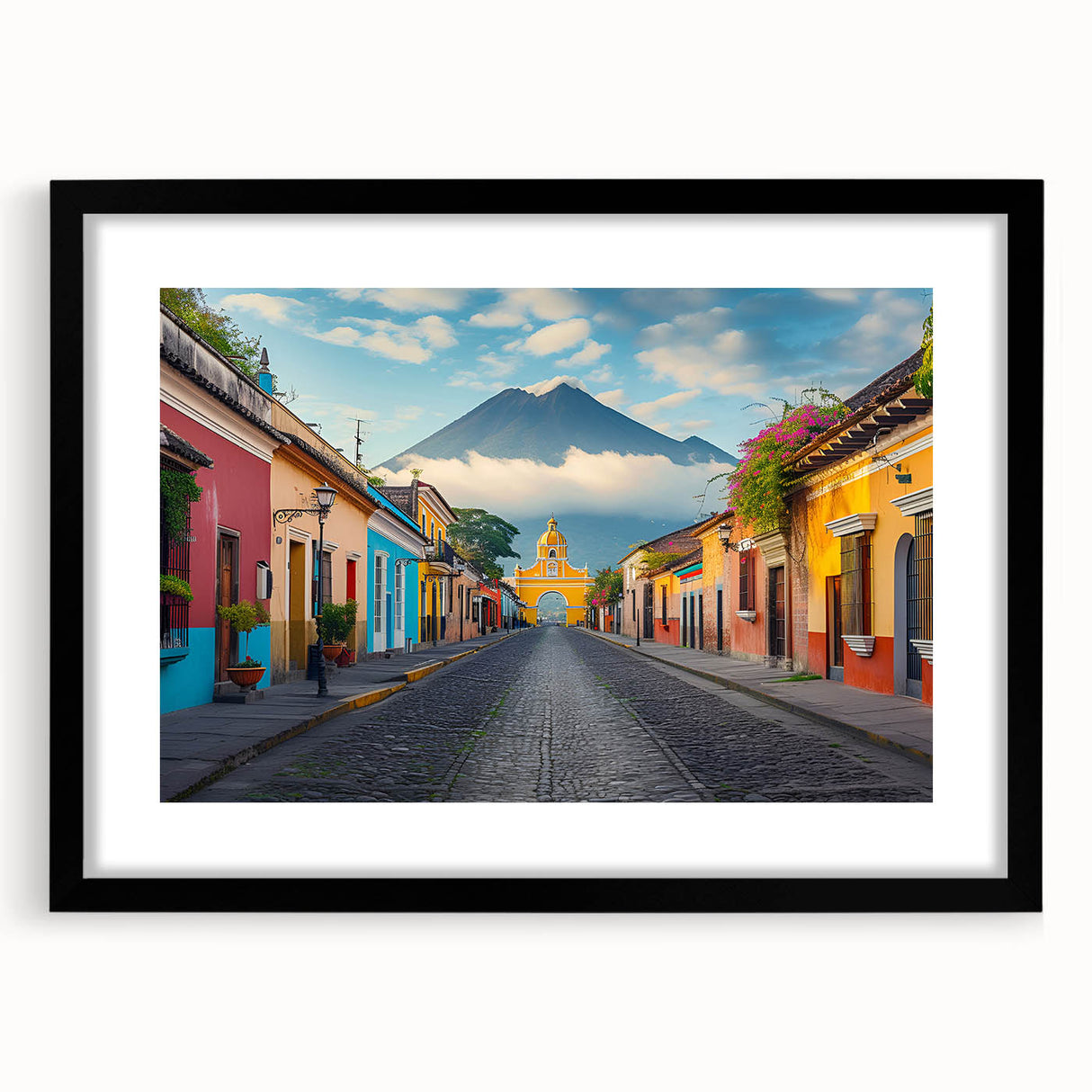 Abstract art print featuring vibrant colors and textured design of Central America scenery on a large framed black mat.