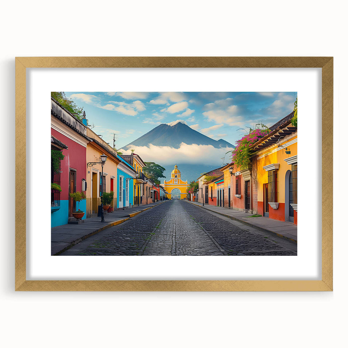 Extra large abstract art print of Central American scenery in textured gold frame, ideal for living room decor.
