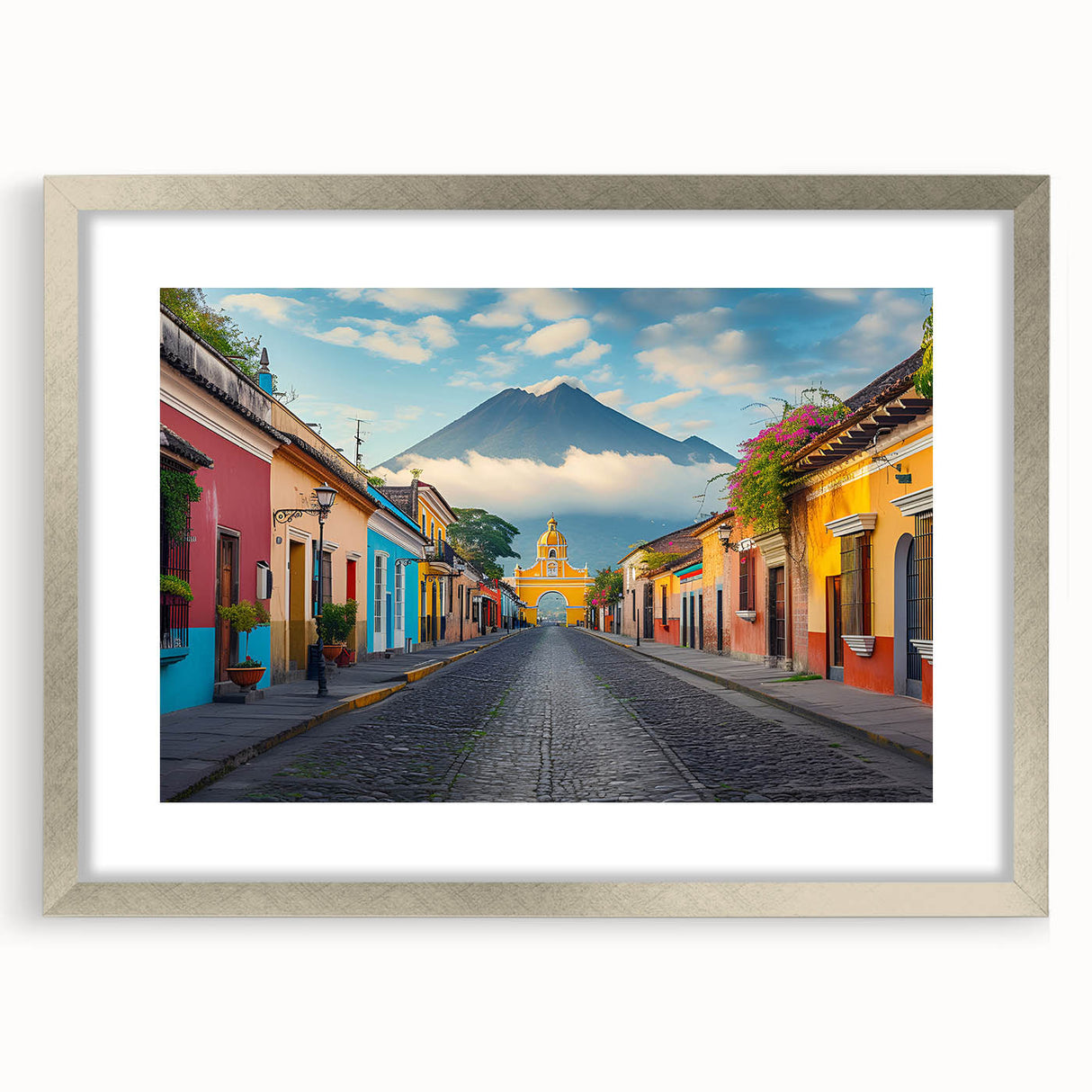 Textured abstract art print featuring a vibrant depiction of a Central American scenery, framed in silver.