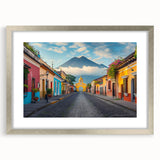 Textured abstract art print featuring a vibrant depiction of a Central American scenery, framed in silver.