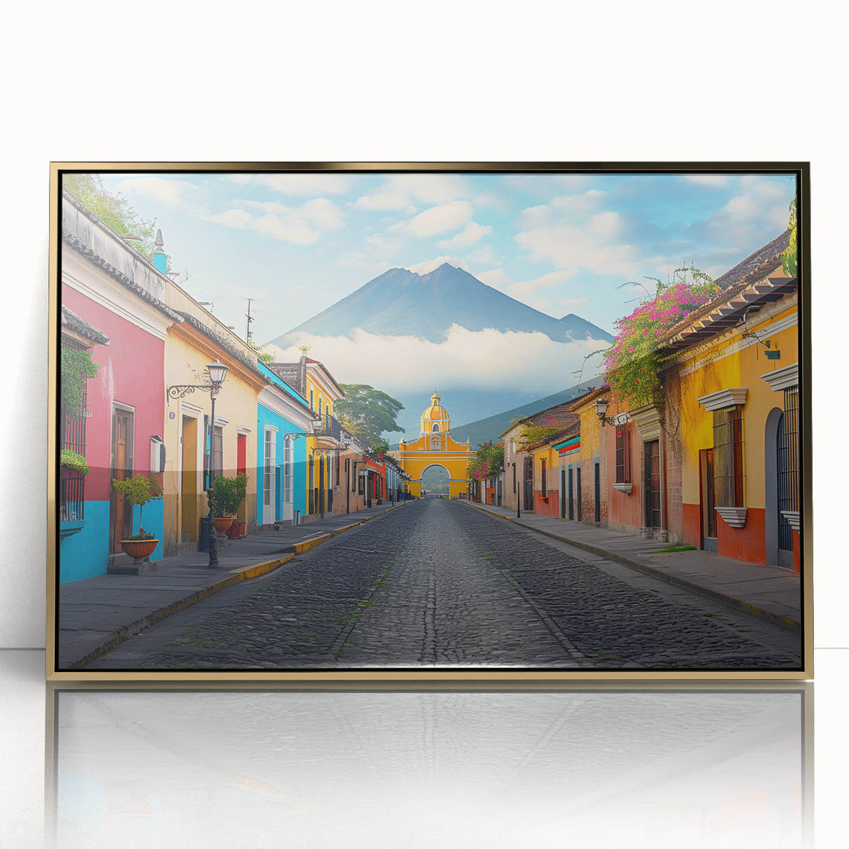 Framed acrylic print of a Central American landscape in mid-century modernist style, featuring muted earth tones.