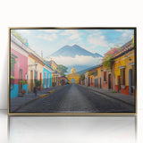 Framed acrylic print of a Central American landscape in mid-century modernist style, featuring muted earth tones.