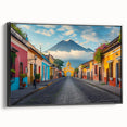 Black and white landscape art painting of a Guatemalan scenery on framed canvas, suitable for bedroom wall decor.