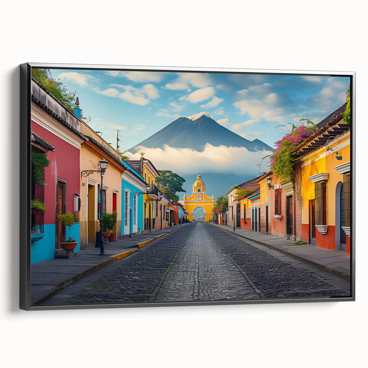 Black and white landscape art painting of a Guatemalan scenery on framed canvas, suitable for bedroom wall decor.