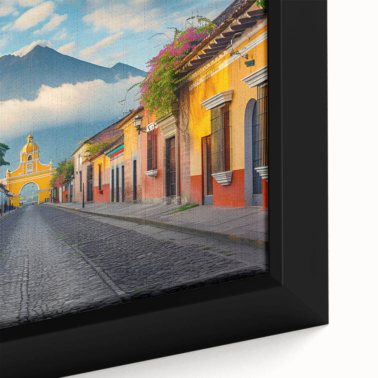 Extra large framed canvas featuring a textured, colorful Central American scenery, ideal for living room decor.