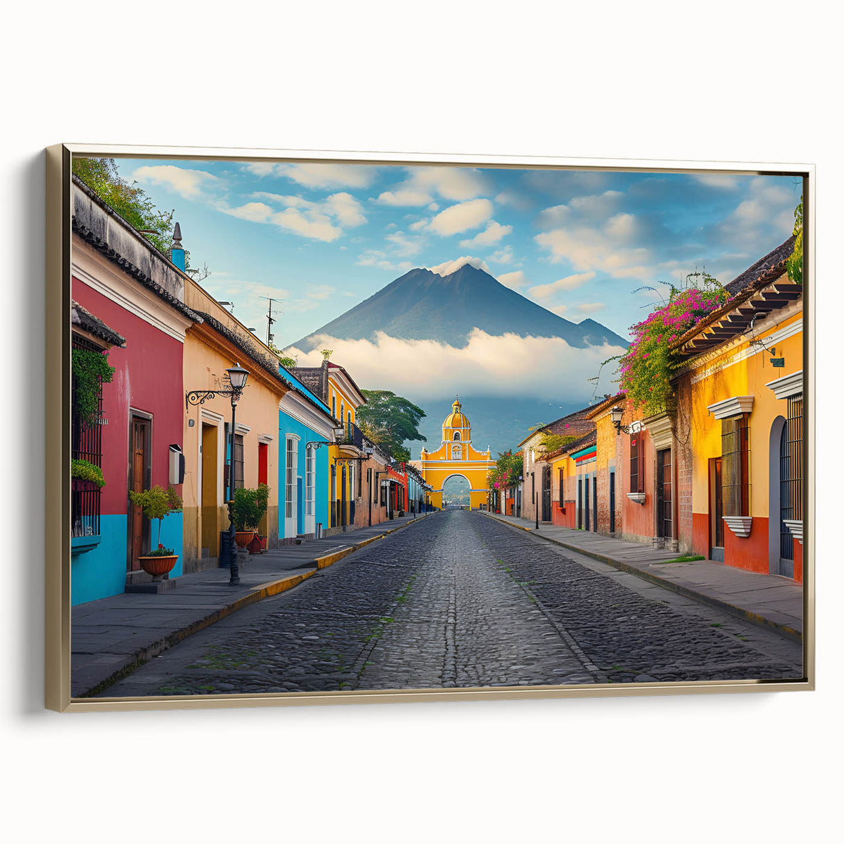 Framed canvas featuring a vintage-style landscape painting of a Guatemalan scenery, ideal for bedroom wall art.