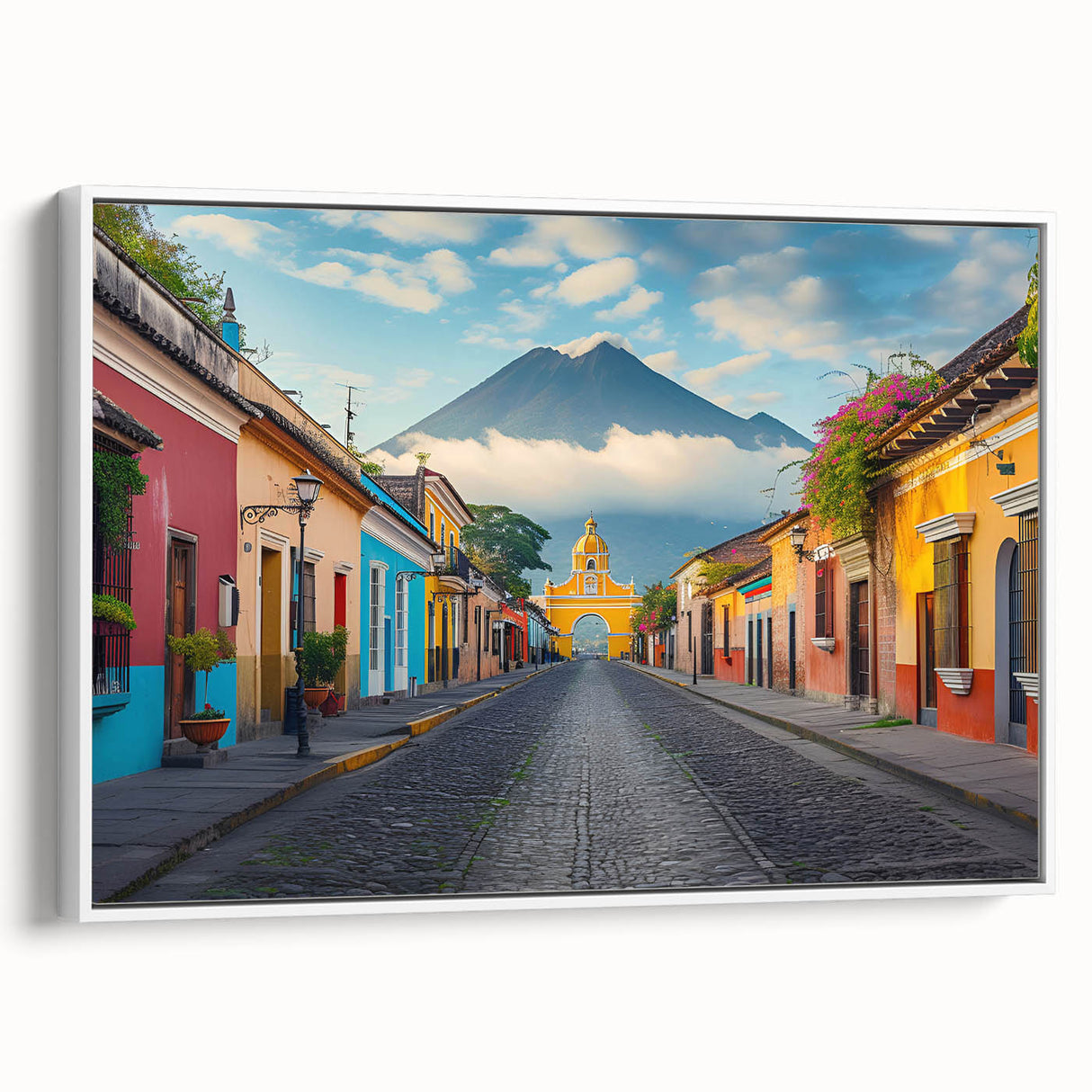 Vintage poster art of a colorful Guatemalan landscape on extra large framed canvas, ideal for living room decor.